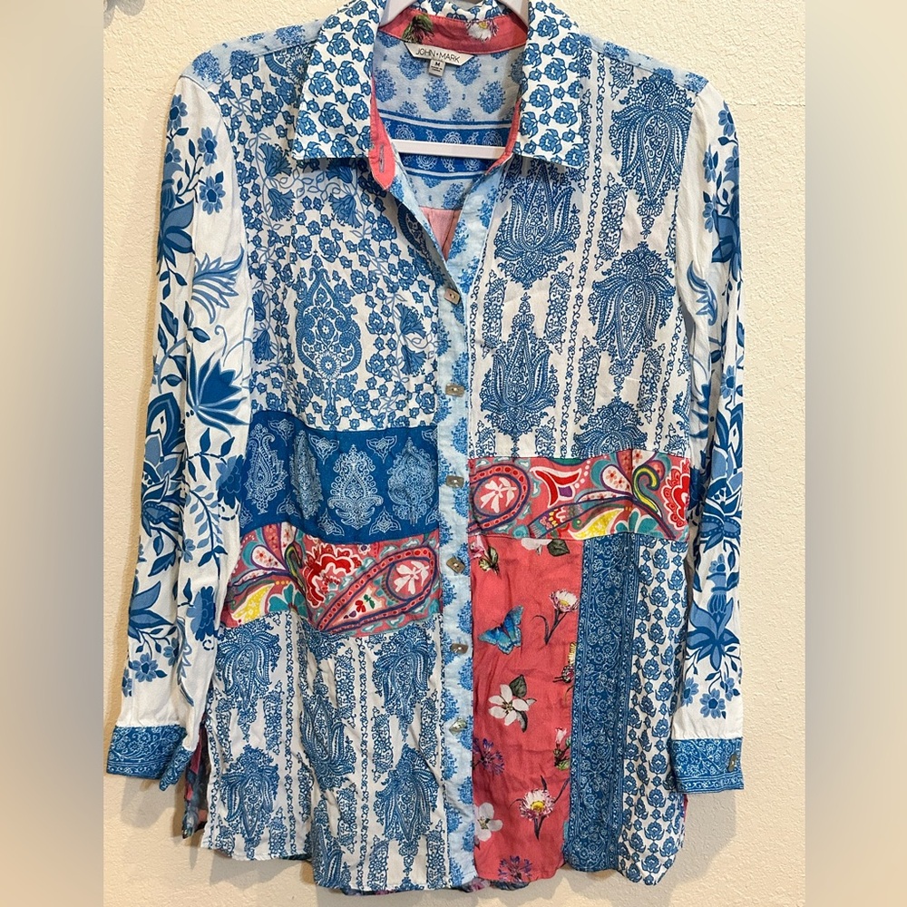 John Mark Patchwork Button Down Floral Paisley Tu… - image 3